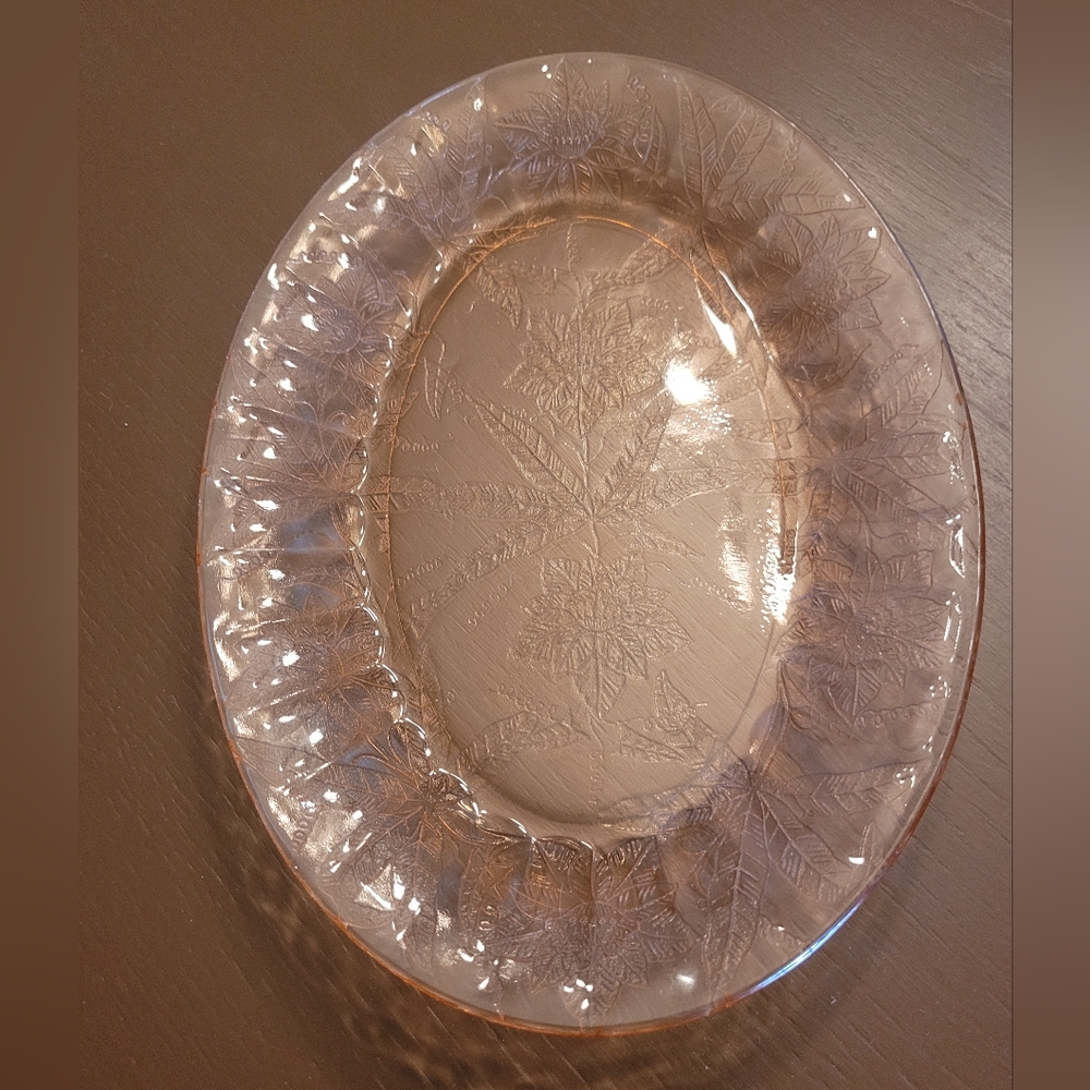 Jeannette Floral Poinsettia Depression Pink Glass Oval Serving Platter